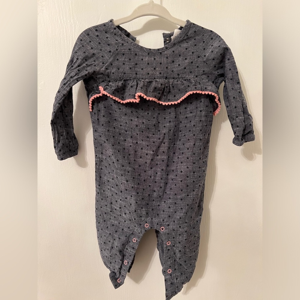 Egg 3 month Chambray romper with pink ruffle detail